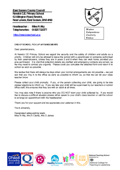 End of School Pick Up Arrangements Form