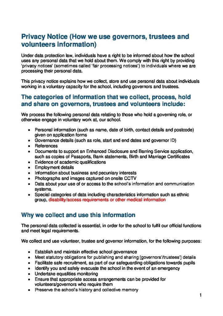 Privacy Notice (Governors & Volunteers)